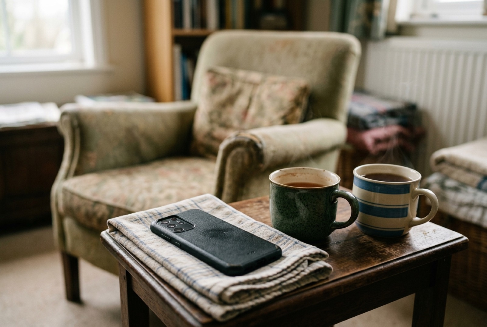 A phone lying face down on a folded tea towel on a side table, beside two mugs of tea, in an ordinary sitting room