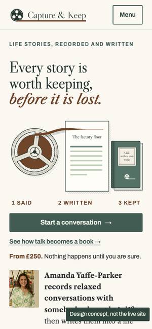 Voices Through Time on a phone, first screen